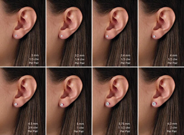 Size comparison chart for 3-Prong Diamond Stud Earrings showing carat weights from 1 CTW to 3 CTW per pair