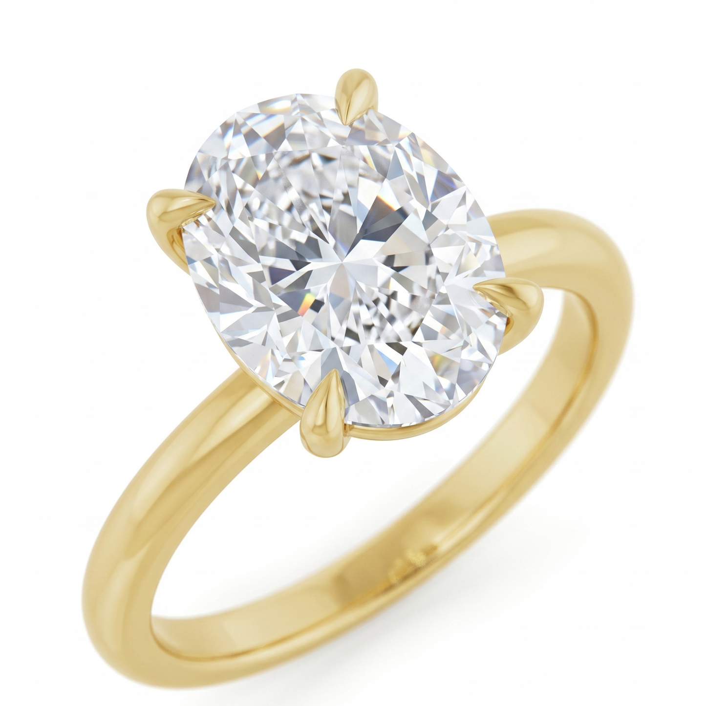 Oval solitaire engagement ring in 14K yellow gold featuring a brilliant 2.70 CT oval lab-grown diamond in E color and VVS2 clarity