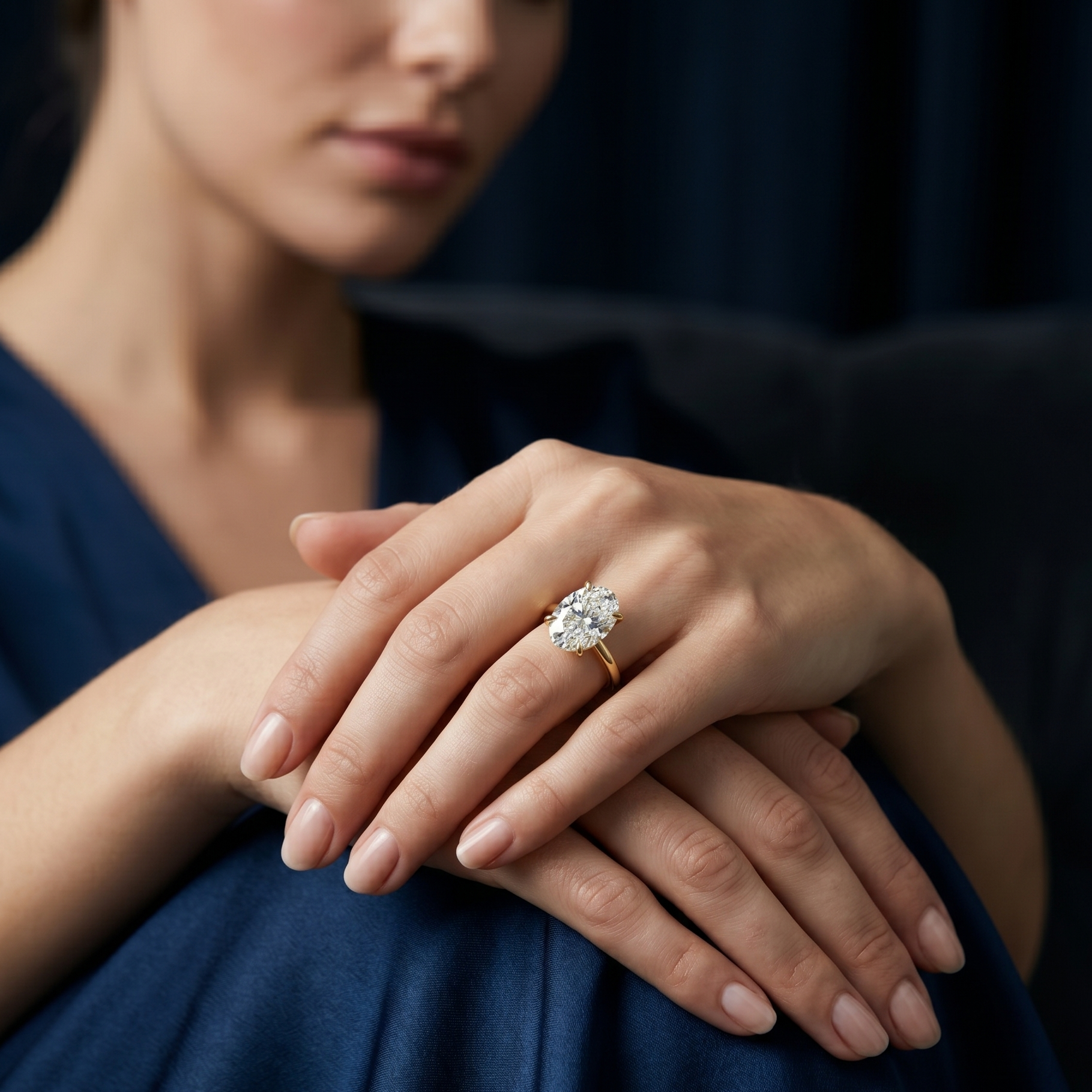 Oval solitaire engagement ring with 2.70 CT lab-grown diamond worn on a woman’s hand in a soft lifestyle setting