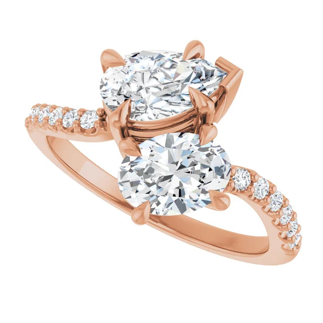 Front view of pear and oval two-stone engagement ring in 14K rose gold with 1.71 CTW lab-grown diamonds