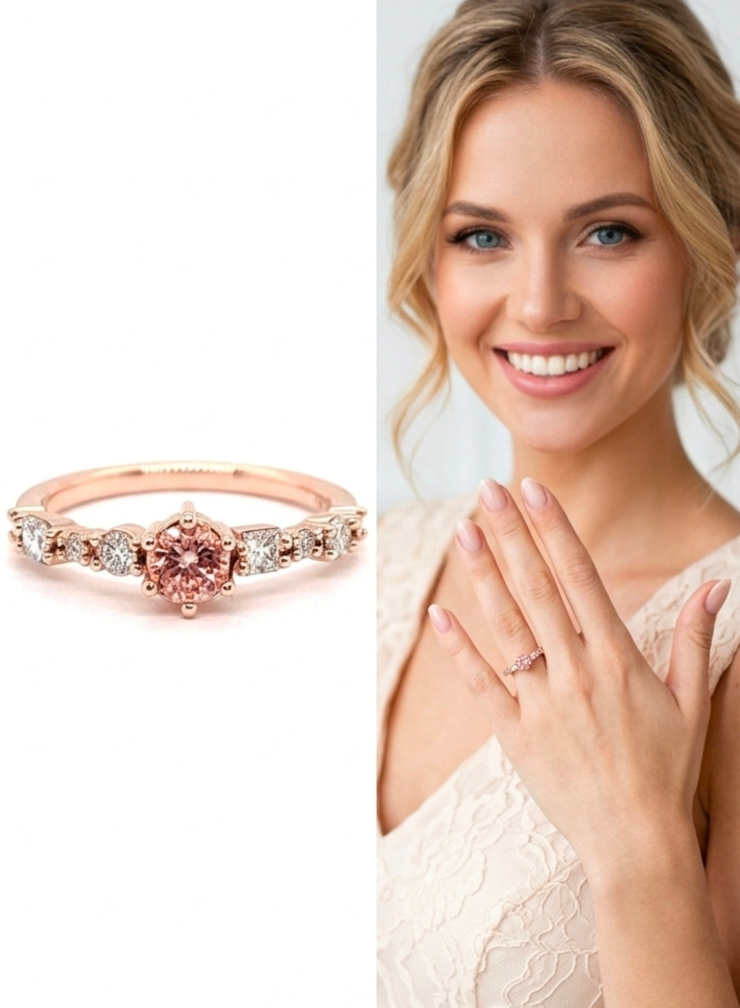 Beautiful pink diamond engagement ring in 14K rose gold shown on a smiling bride’s hand and as a standalone piece, handcrafted custom jewelry by JC Fine Jewelry