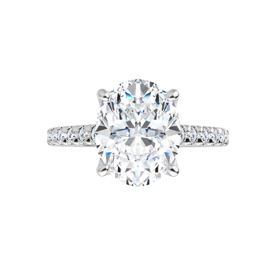 360-degree view of the Oval Diamond Accent Ring in 14K white gold. Showcasing a brilliant 2.7 CT oval lab-grown diamond center stone with delicate pavé accents along the shank from every angle.