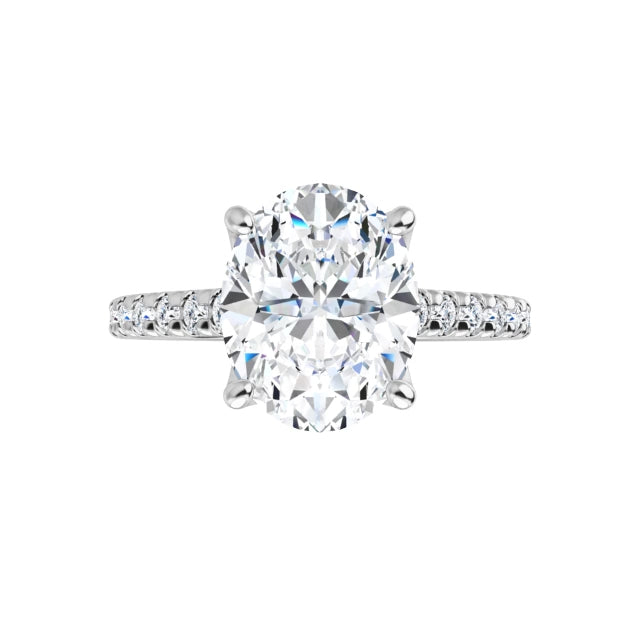 360-degree view of the Oval Diamond Accent Ring in 14K white gold. Showcasing a brilliant 2.7 CT oval lab-grown diamond center stone with delicate pavé accents along the shank from every angle.