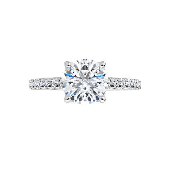 360-degree view of the Signature Round Diamond Accent Ring in 14K white gold. Showcasing a brilliant 1.41 CT round lab-grown diamond center stone with delicate pavé accents along the shank from every angle.