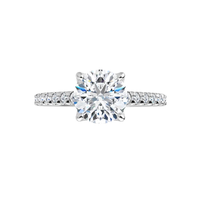 360-degree view of the Signature Round Diamond Accent Ring in 14K white gold. Showcasing a brilliant 1.41 CT round lab-grown diamond center stone with delicate pavé accents along the shank from every angle.