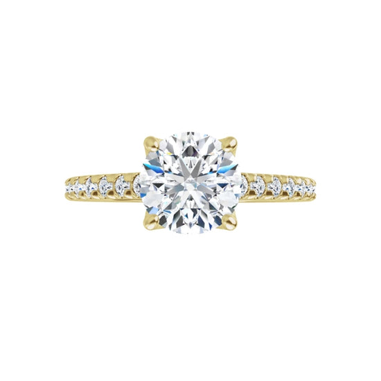 360-degree view of the Signature Round Diamond Accent Ring in 14K yellow gold. Features a brilliant 1.41 CT round lab-grown diamond with delicate pavé accents along the shank, showcasing the ring from every angle.