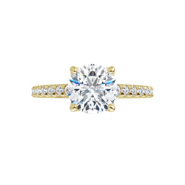 360-degree view of the Signature Round Diamond Accent Ring in 14K yellow gold. Features a brilliant 1.41 CT round lab-grown diamond with delicate pavé accents along the shank, showcasing the ring from every angle.