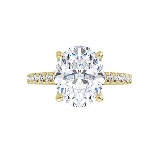 360-degree view of the Signature Round Diamond Accent Ring in 14K yellow gold. Features a brilliant 2.7 CT oval lab-grown diamond with delicate pavé accents along the shank, showcasing the ring from every angle.