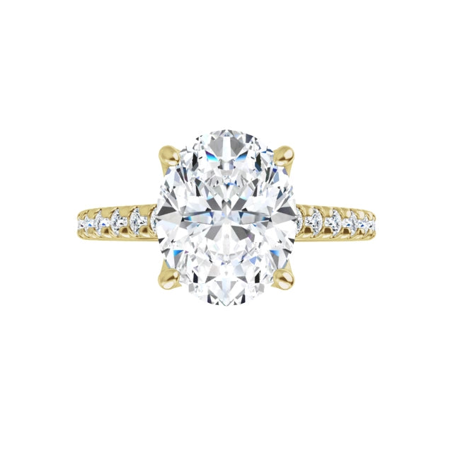 360-degree view of the Signature Round Diamond Accent Ring in 14K yellow gold. Features a brilliant 2.7 CT oval lab-grown diamond with delicate pavé accents along the shank, showcasing the ring from every angle.