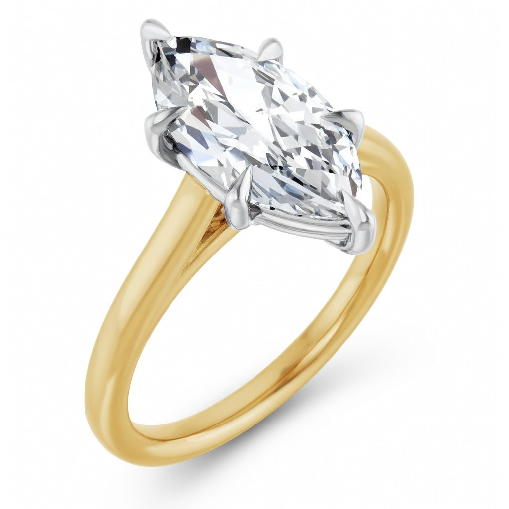 Top-down view of 2.5 carat marquise cut lab grown diamond solitaire ring in luxurious two-tone yellow and white 14K gold