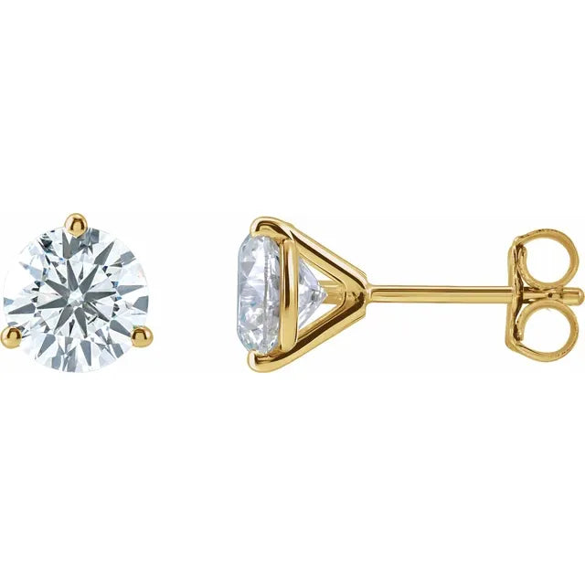 Yellow gold 3-Prong Diamond Stud Earrings with round brilliant lab-grown diamonds